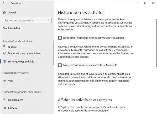 Windows 10 historique des activités